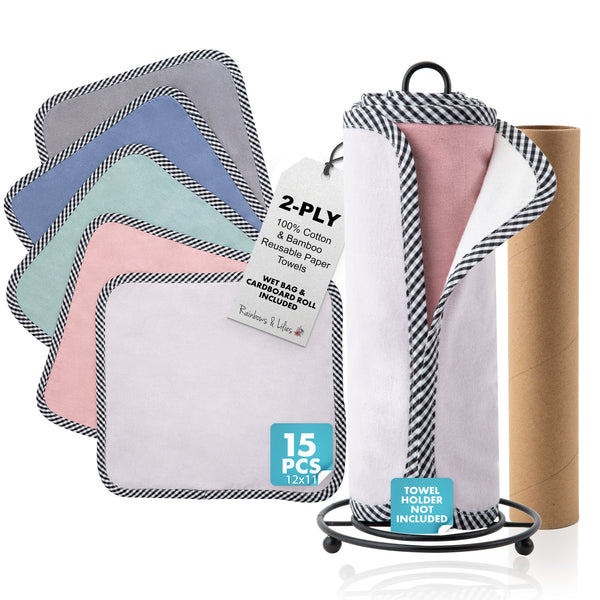 Rainbows & Lilies 15pc Reusable Paper Towels Washable Roll - 2-Ply 100% Cotton Bamboo Cloth Paper Towels - Includes Wet Bag & Cardboard Roll