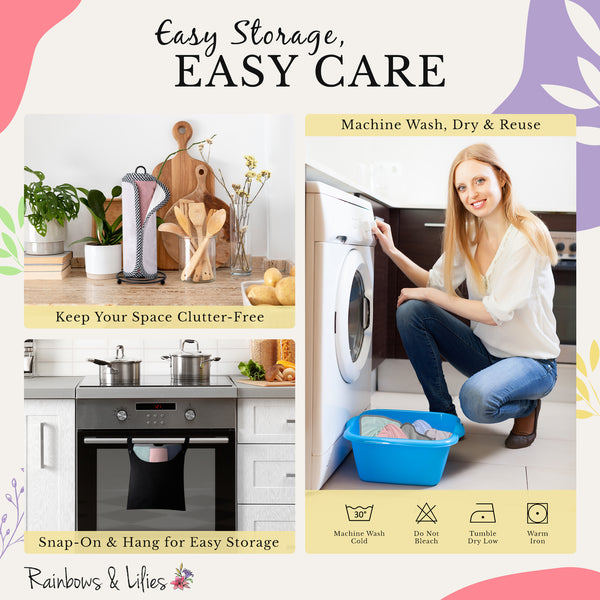 Rainbows & Lilies 15pc Reusable Paper Towels Washable Roll - 2-Ply 100% Cotton Bamboo Cloth Paper Towels - Includes Wet Bag & Cardboard Roll