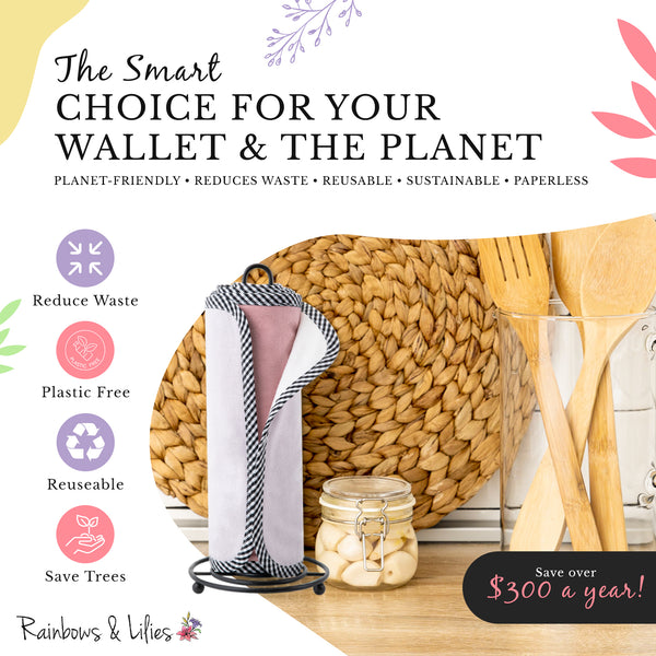 Rainbows & Lilies 15pc Reusable Paper Towels Washable Roll - 2-Ply 100% Cotton Bamboo Cloth Paper Towels - Includes Wet Bag & Cardboard Roll