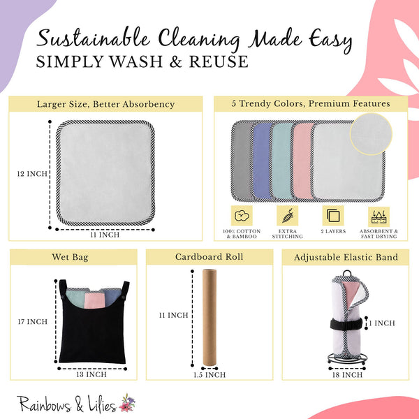Rainbows & Lilies 15pc Reusable Paper Towels Washable Roll - 2-Ply 100% Cotton Bamboo Cloth Paper Towels - Includes Wet Bag & Cardboard Roll