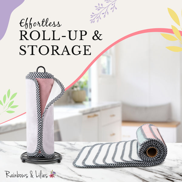 Rainbows & Lilies 15pc Reusable Paper Towels Washable Roll - 2-Ply 100% Cotton Bamboo Cloth Paper Towels - Includes Wet Bag & Cardboard Roll