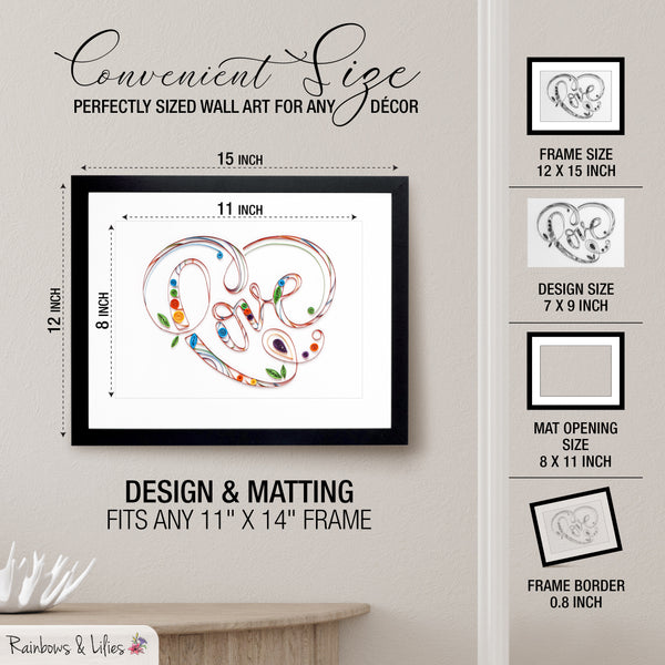 Rainbows & Lilies 12x15 Heart Shaped Love Sign - Framed Wall Art Handmade of Quilling Paper