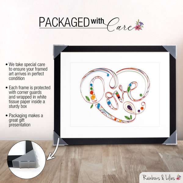 Rainbows & Lilies 12x15 Heart Shaped Love Sign - Framed Wall Art Handmade of Quilling Paper