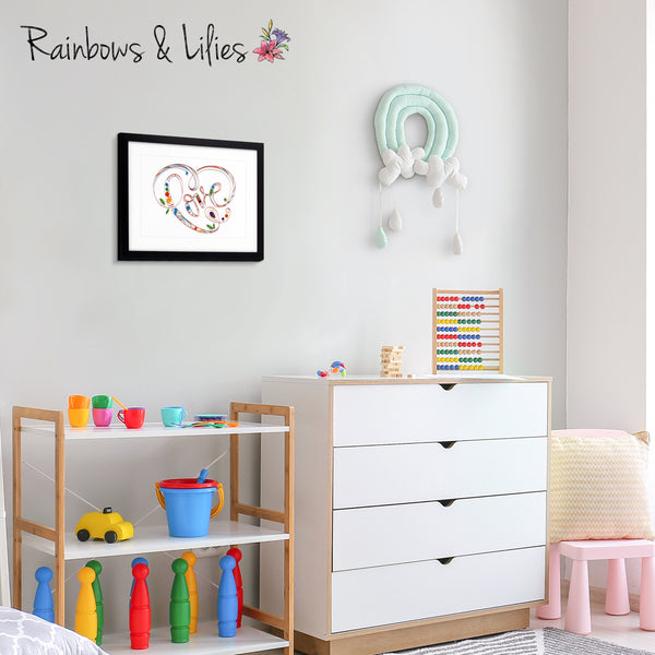 Rainbows & Lilies 12x15 Heart Shaped Love Sign - Framed Wall Art Handmade of Quilling Paper