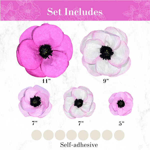 Paper Flowers for Walls 5-piece set including self adhesive