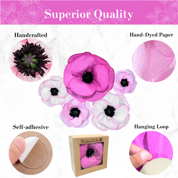 Rainbows & Lilies Large Paper Flowers Decorations for Wall - 5-Pc 3D Wall Decor (Fuchsia, Pink, White)