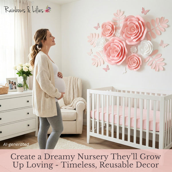 Rainbows & Lilies Pink & White Paper Flowers - Create a Dreamy Nursery They'll Grow Up Loving - Timeless, Reusable Decor