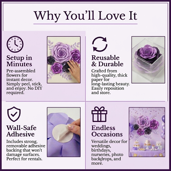 Rainbows & Lilies Purple Paper Flowers - Set Up in Minutes, Wall-Safe Adhesives, Reusable & Durable, Endless Occasions