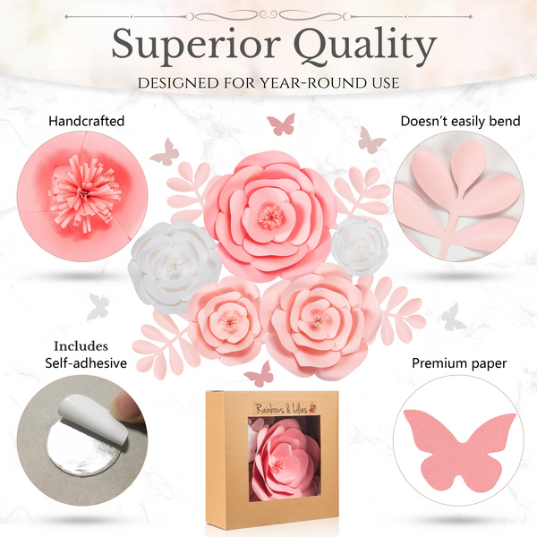 Rainbows & Lilies Handmade Pink & White Paper Flowers Superior Quality for Year-Round Use