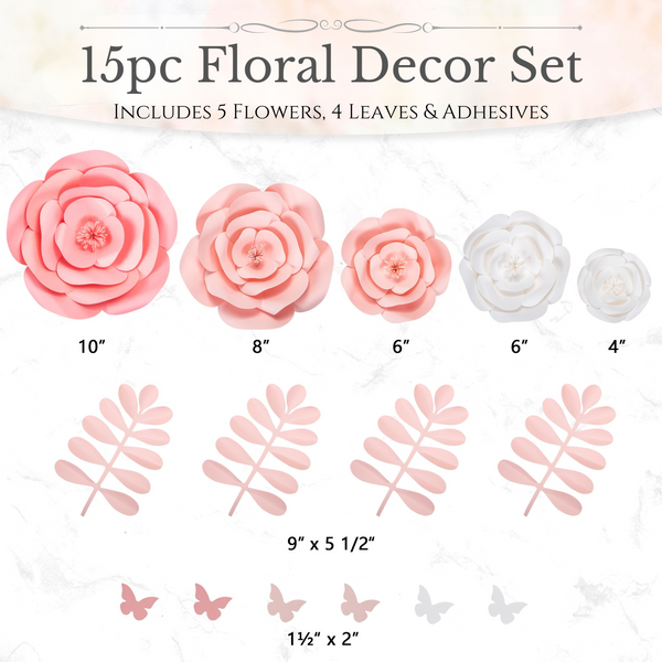 Rainbows & Lilies Handmade Pink & White Paper Flowers with Butterflies, Peel-and-stick wall-safe Adhesives