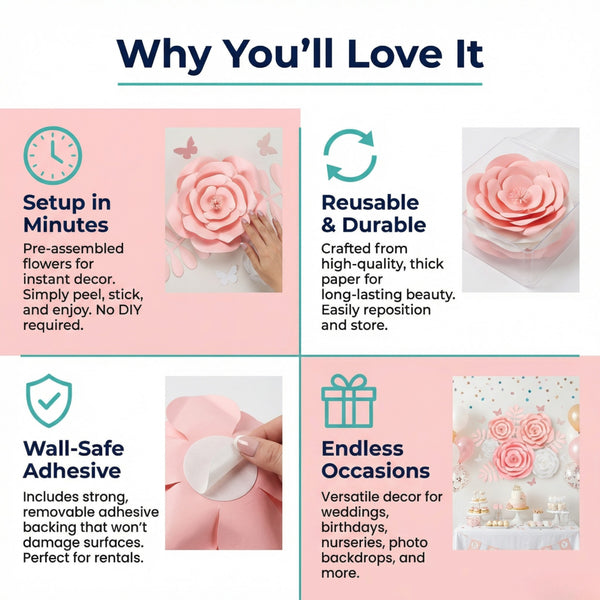 Rainbows & Lilies Handmade Pink & White Paper Flowers Why You'll Love It - Setup in Minutes, Wall-Safe Adhesive, Reusable & Durable, Endless Occasions