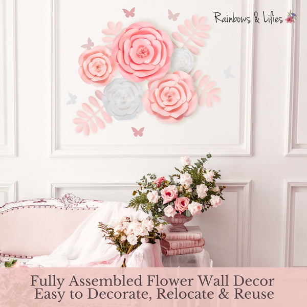 Rainbows & Lilies Handmade Pink & White Paper Flowers - Fully Assembled Flower Wall Decor Easy to Decorate, Relocate and Reuse