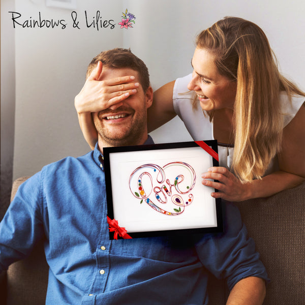 Rainbows & Lilies 12x15 Heart Shaped Love Sign - Framed Wall Art Handmade of Quilling Paper