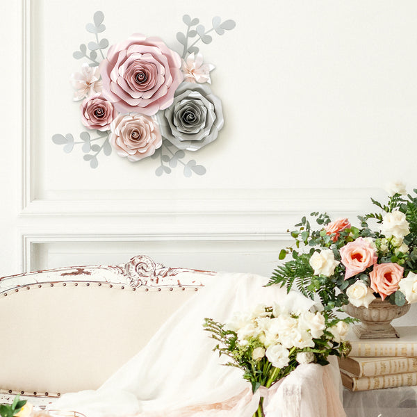 Pink & Silver Paper Flower Decorations for Wall