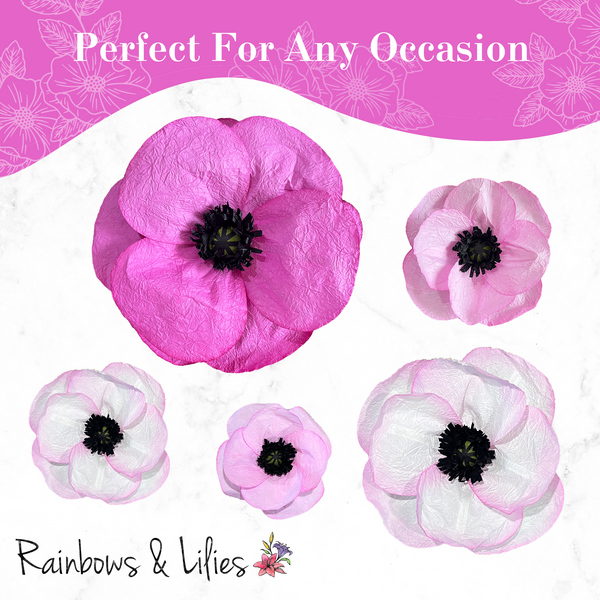 Rainbows & Lilies Large Paper Flowers Decorations for Wall - 5-Pc 3D Wall Decor (Fuchsia, Pink, White)